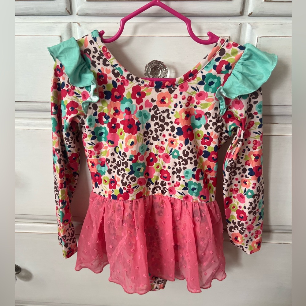 Cheeky Plum Floral Pink and Green Long Sleeve leotard dress